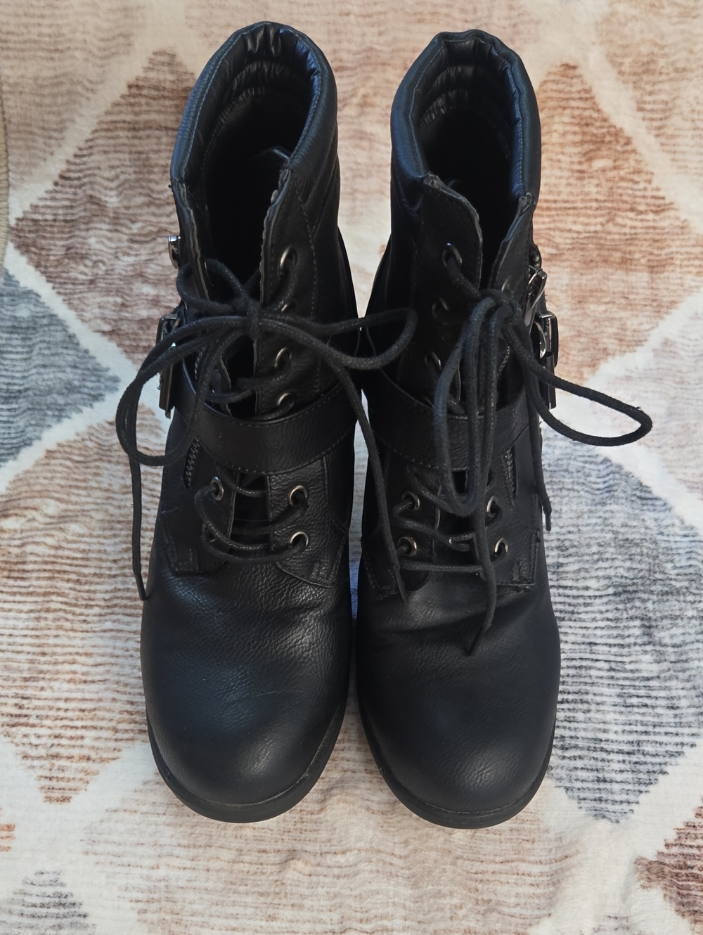 Women's Black Lace-Up Combat Boots with Buckle Strap